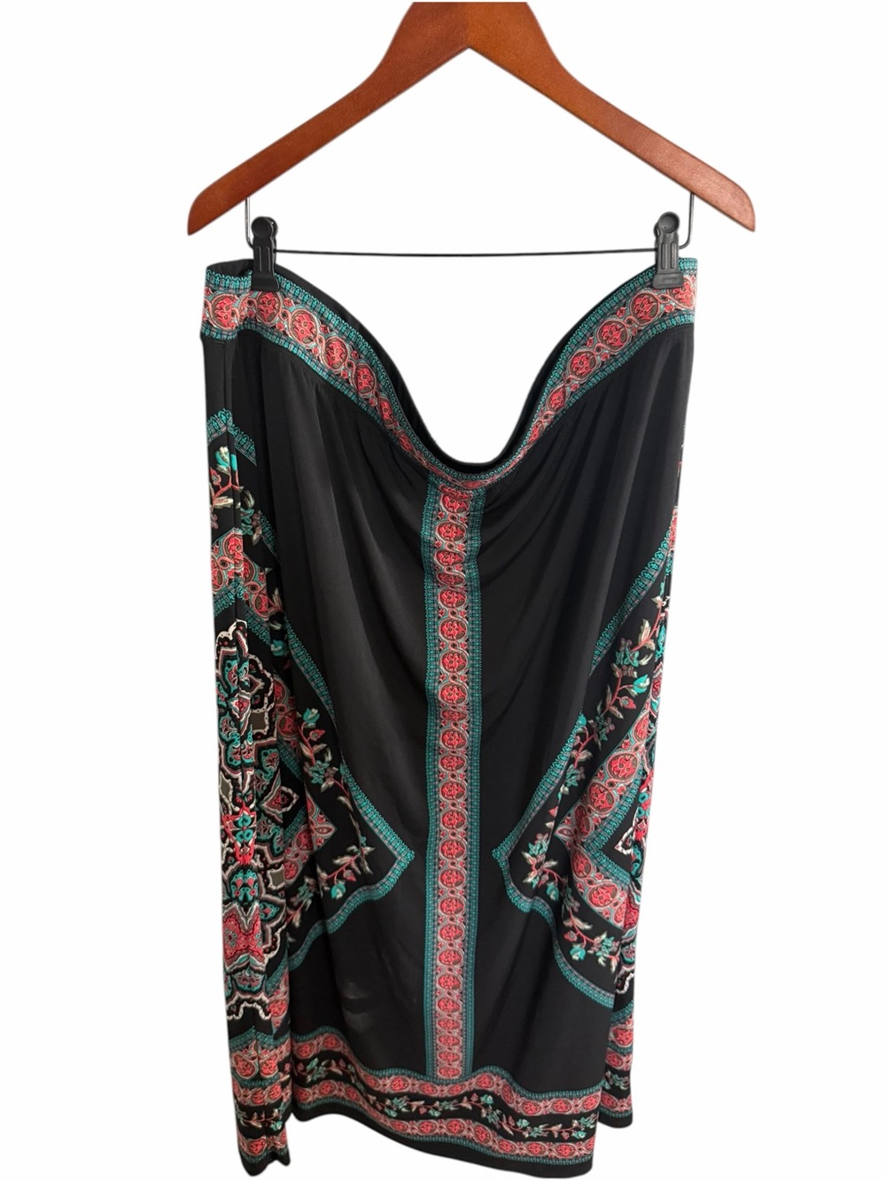 Catherines Black Maxi Skirt with Teal and Coral Border Print 3X 26/28W